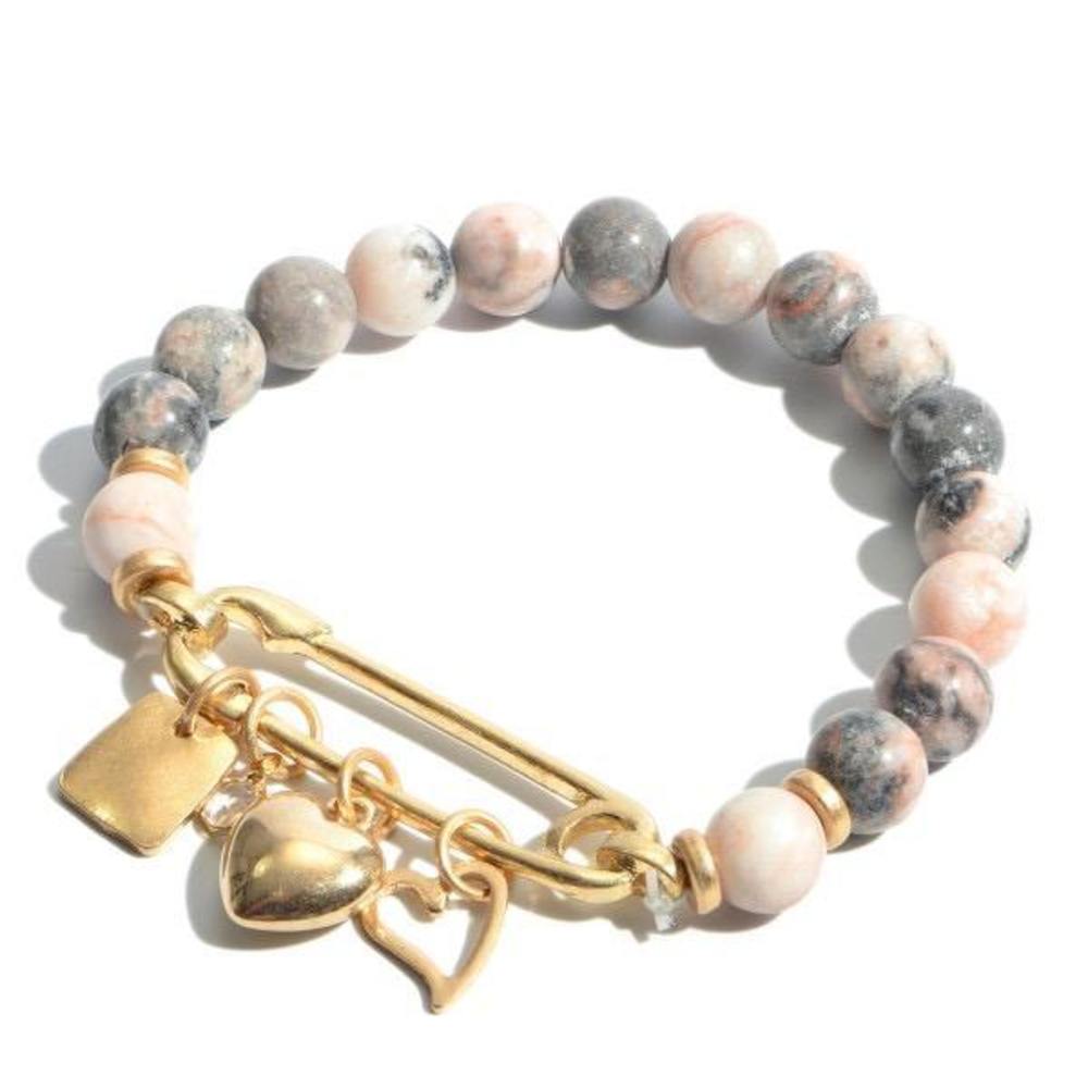 Natural Stone Beaded Safety Pin Hearts Charm Bracelet